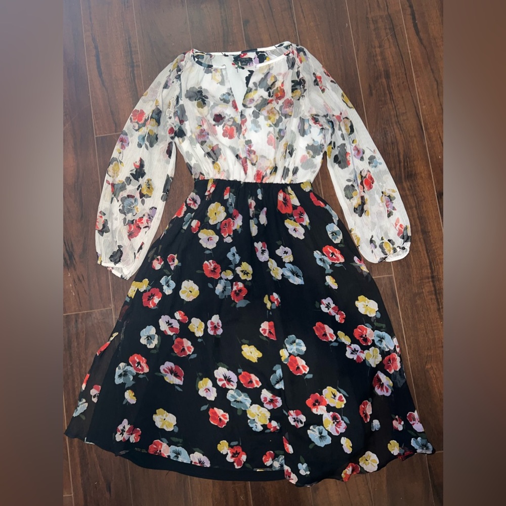 Ann Taylor Floral Midi Dress - Black, Red, Yellow, White